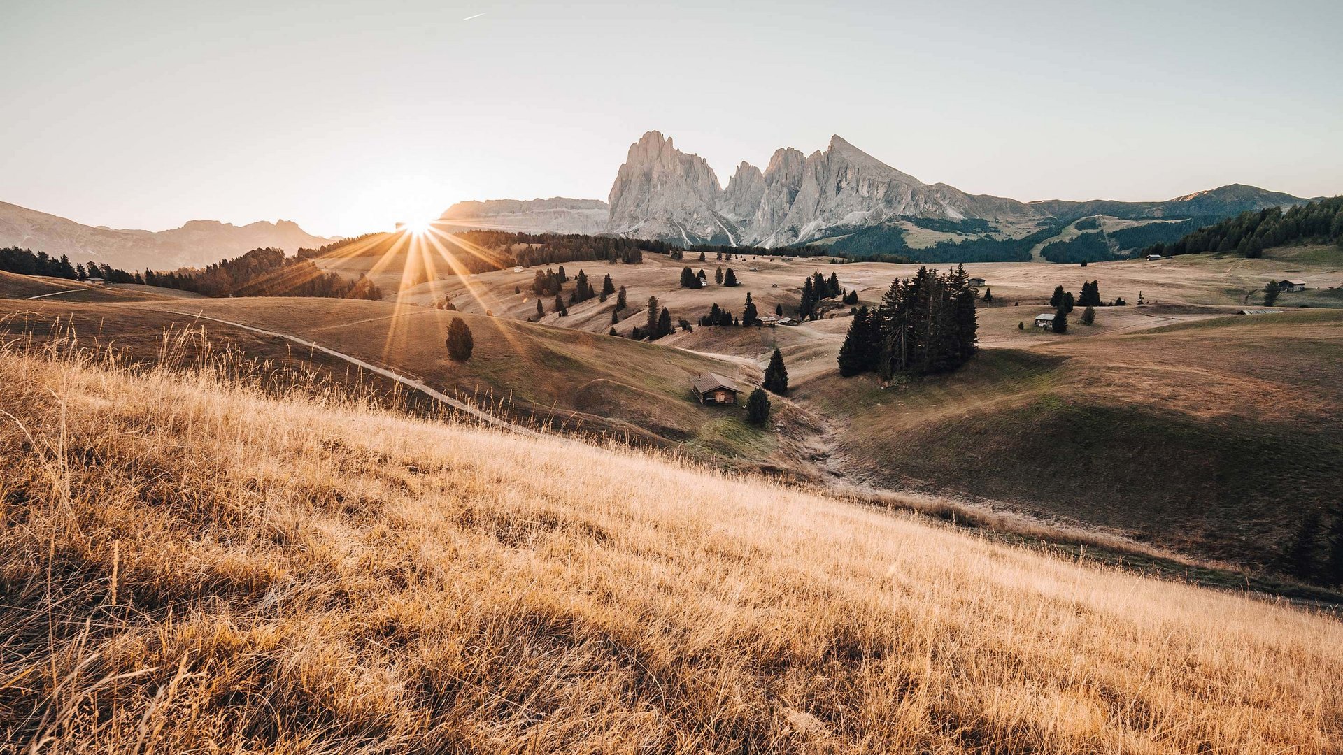 HMM – The Tourism Group Sonnenaufgang über hügeliger Landschaft mit Bergen und vereinzelten Bäumen